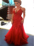 Mermaid Halter Sequins Red Tulle Prom Dress LBQ3796